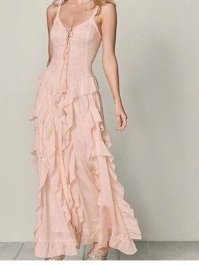 VENUS Blush Pink Ruffled Lace-Up Maxi Dress